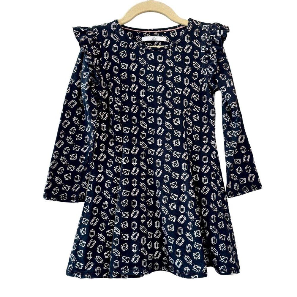 MARKS AND SPENCER Black 3D Gems Skater Dress Girls 5-6 Geometric Ruffle M&S Girl